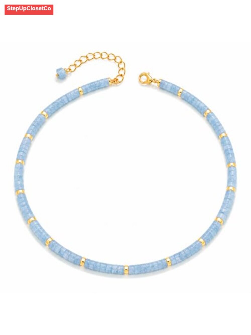 Natural Aquamarine Heishi Gemstone Choker Necklace for Women, 15 inch with 2
